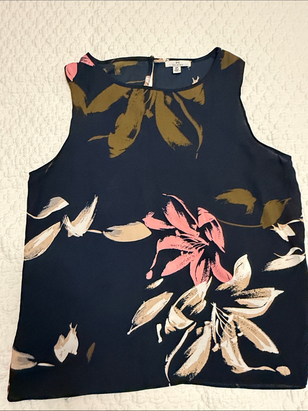 H by Halston Navy Floral Shell Top with Pink & Tan Accents